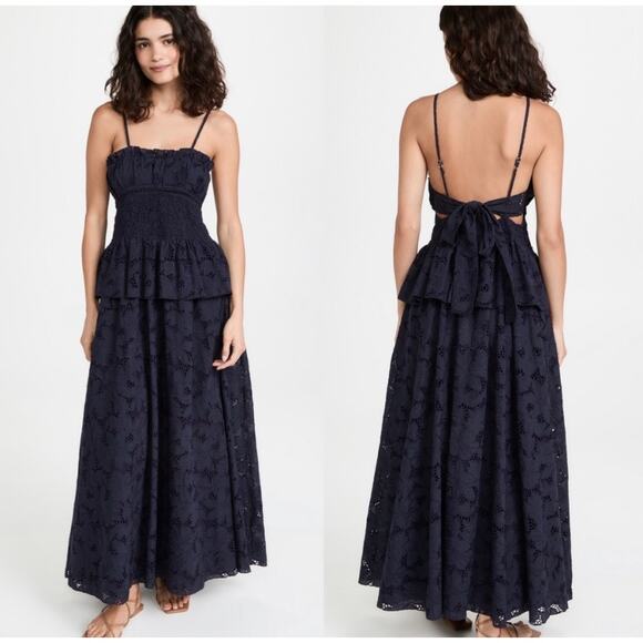 Lug Von Siga Navy Blue Eyelet Floral Tie Back Maxi Dress Smocked EUC EU 38 - Picture 1 of 9